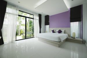 Clean and organized bedroom promoting relaxation and stress relief.