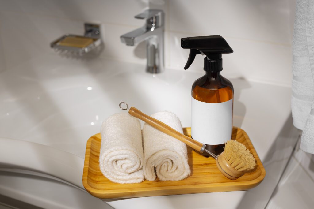 Still life bathroom cleaning products